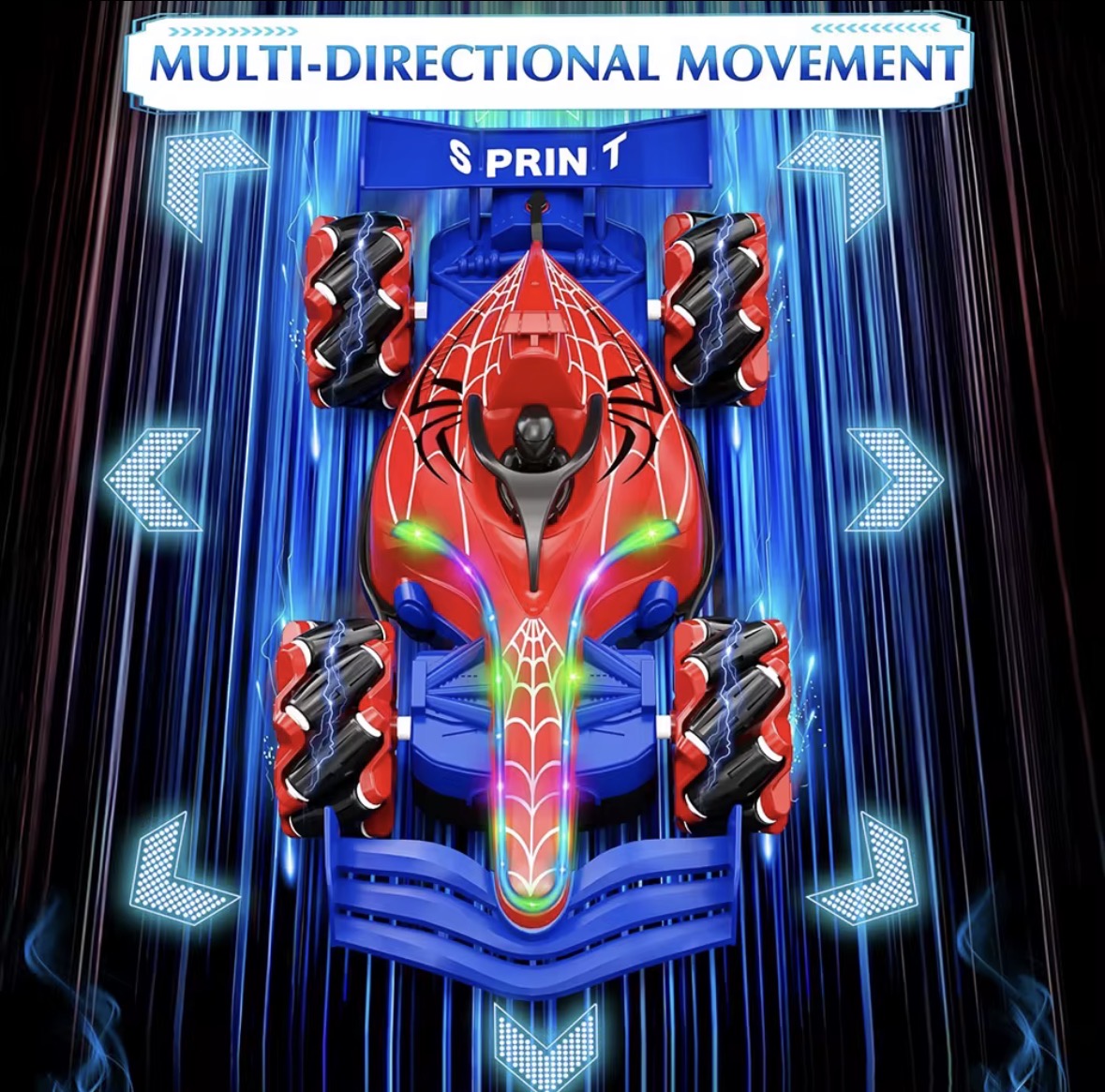 🕷️🚗 Carro Stunt de SpiderHero – 360° Spin + Luces LED