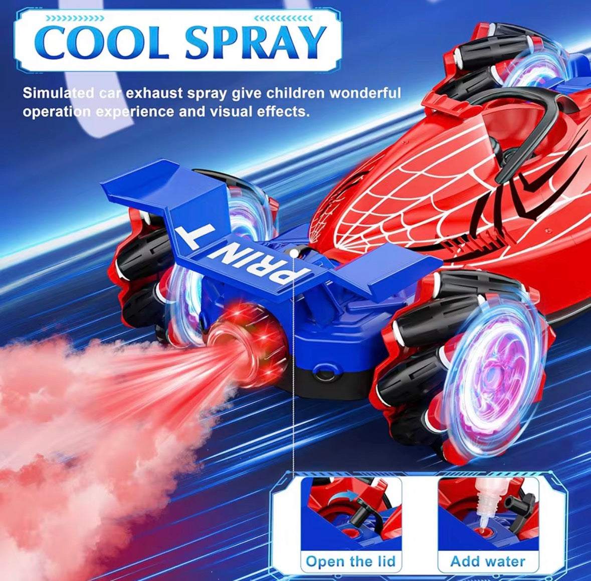 🕷️🚗 Carro Stunt de SpiderHero – 360° Spin + Luces LED