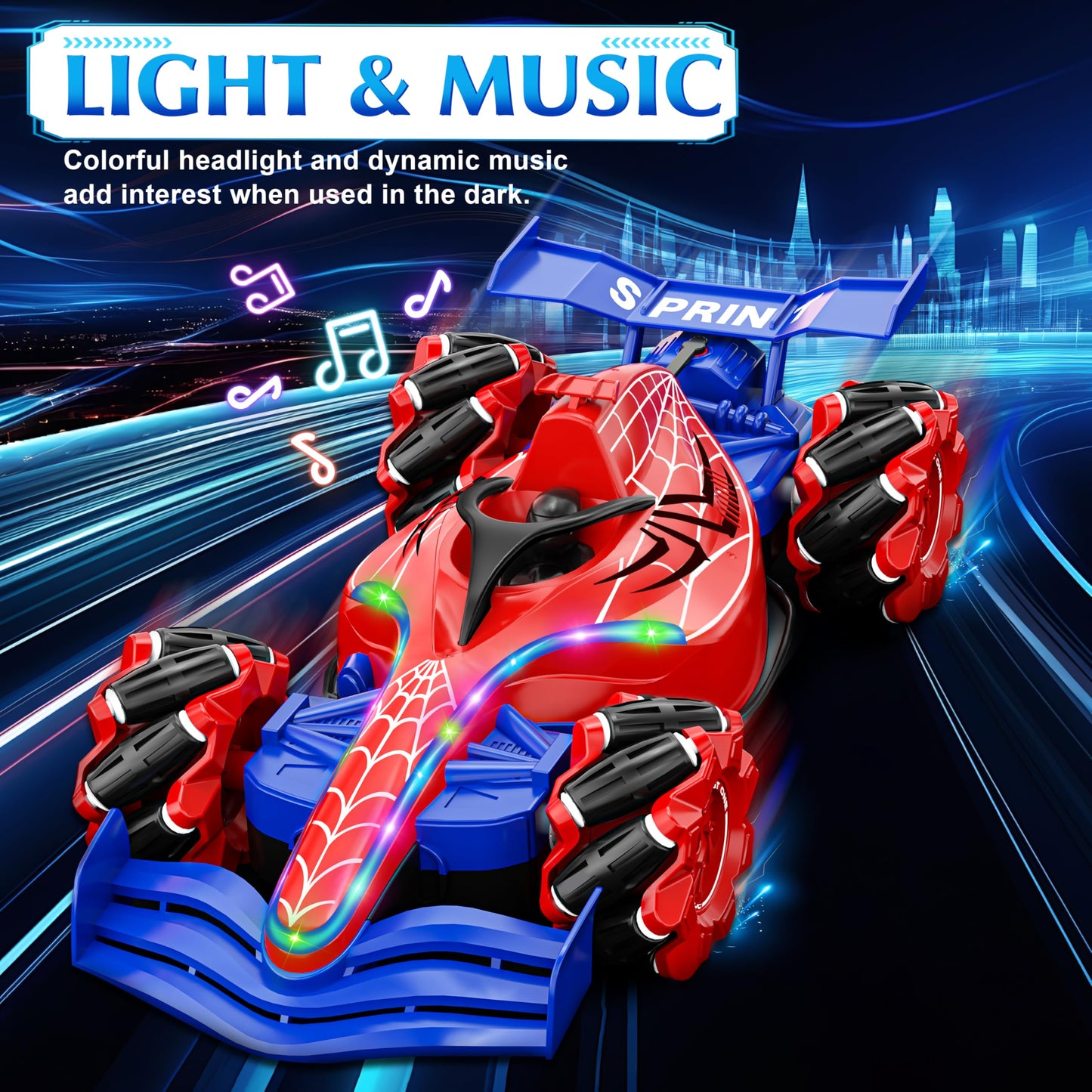 🕷️🚗 Carro Stunt de SpiderHero – 360° Spin + Luces LED